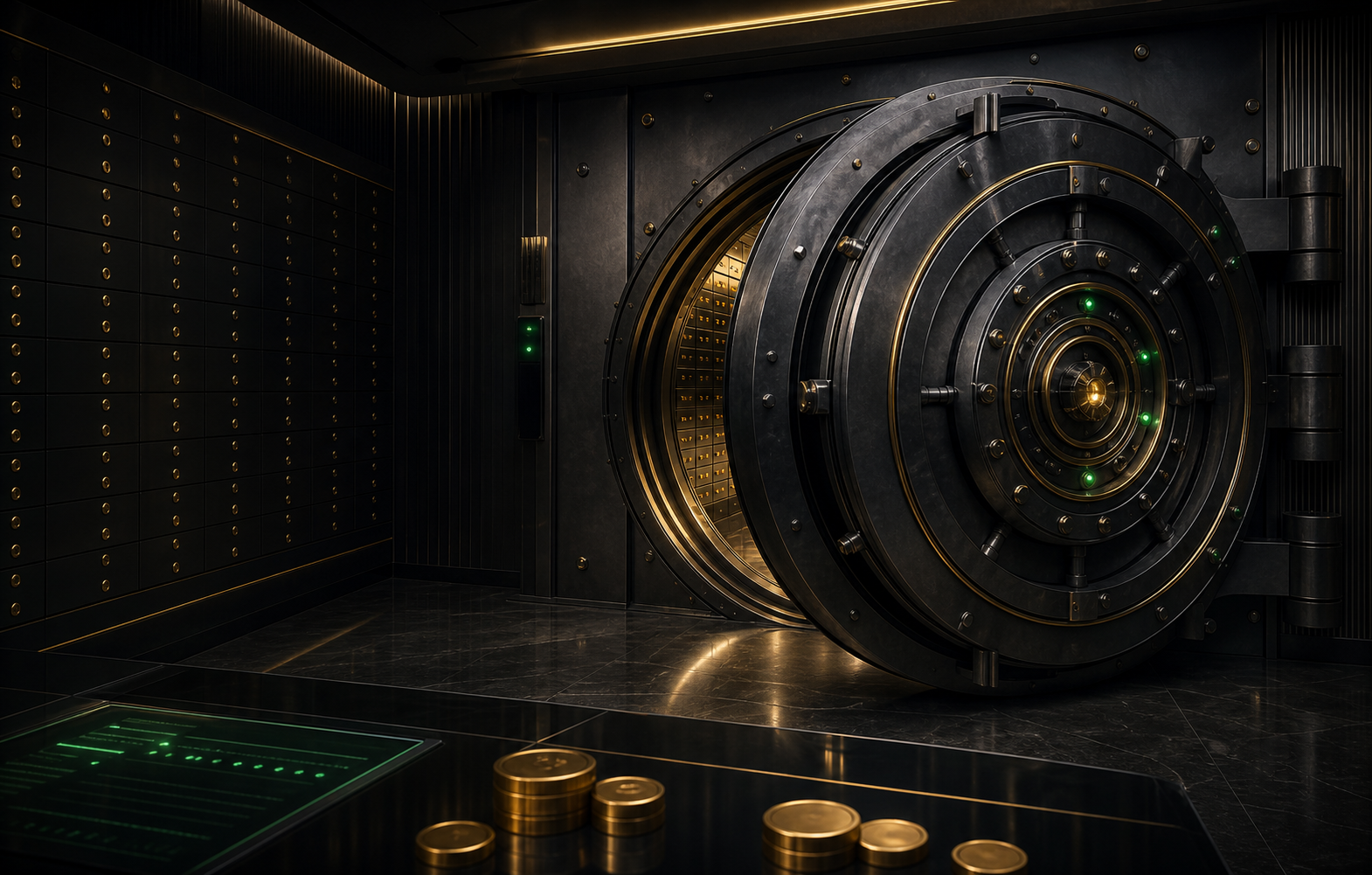 A premium dark-steel bank vault with gold trim and secure green indicator lights